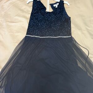 Speechless Navy Pearl-Trim Tulle Dress for Girls